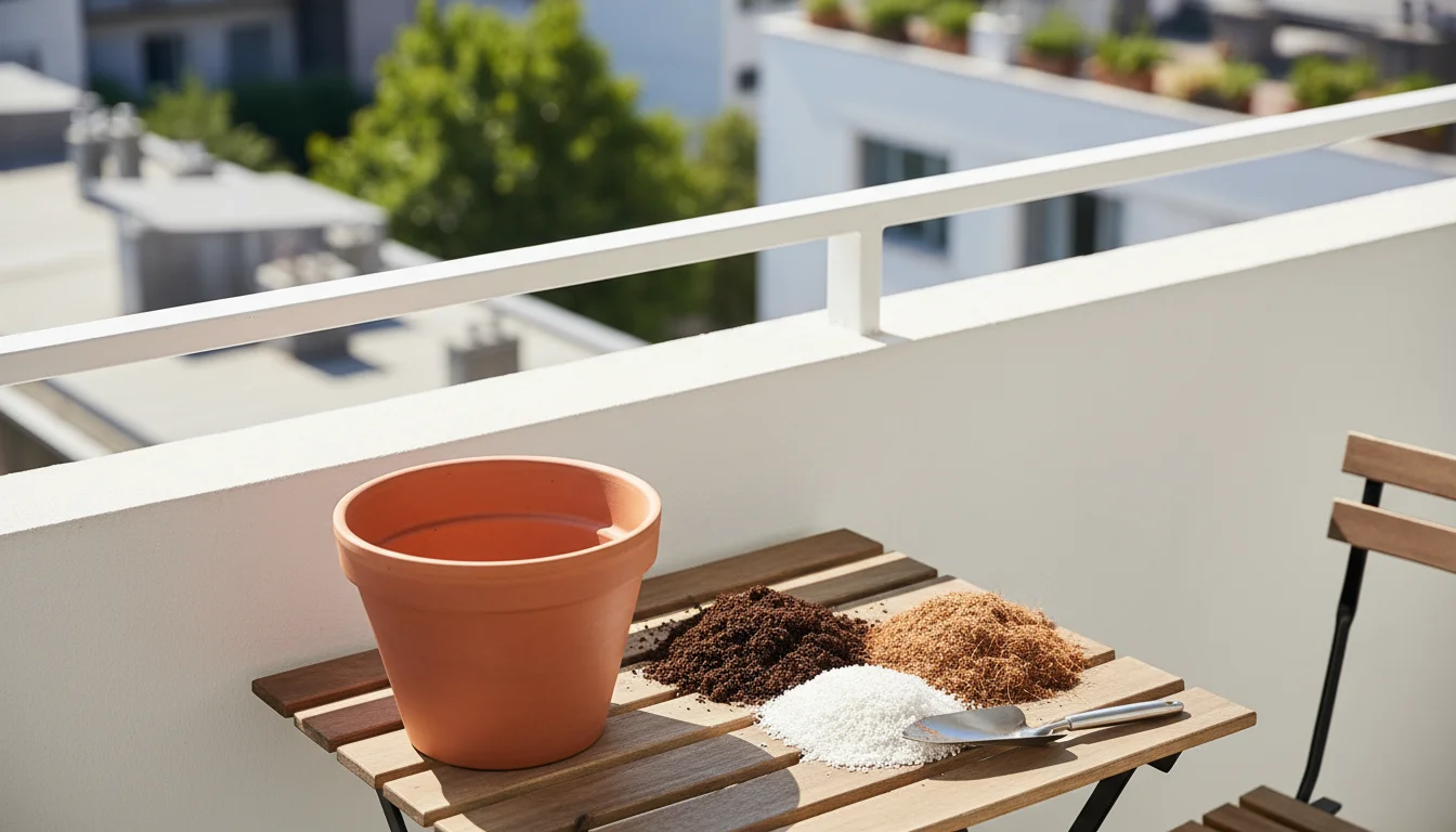 A wide terracotta pot sits on a wooden table, next to small piles of compost, perlite, and coco coir.