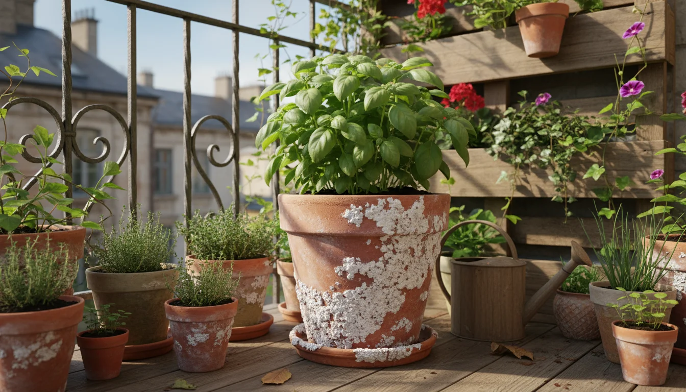A medium terracotta pot with thick white mineral crust holds a slightly dull green plant, next to a healthier plant in a less crusty pot on a balcony.