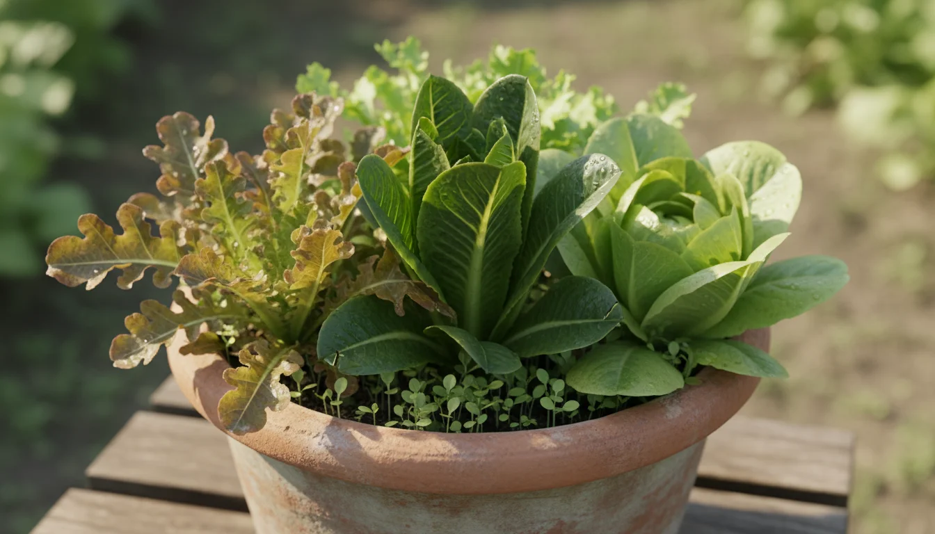 An elevated view into a terracotta pot with three types of cut-and-come-again lettuce, showing fresh harvest cuts and new growth.