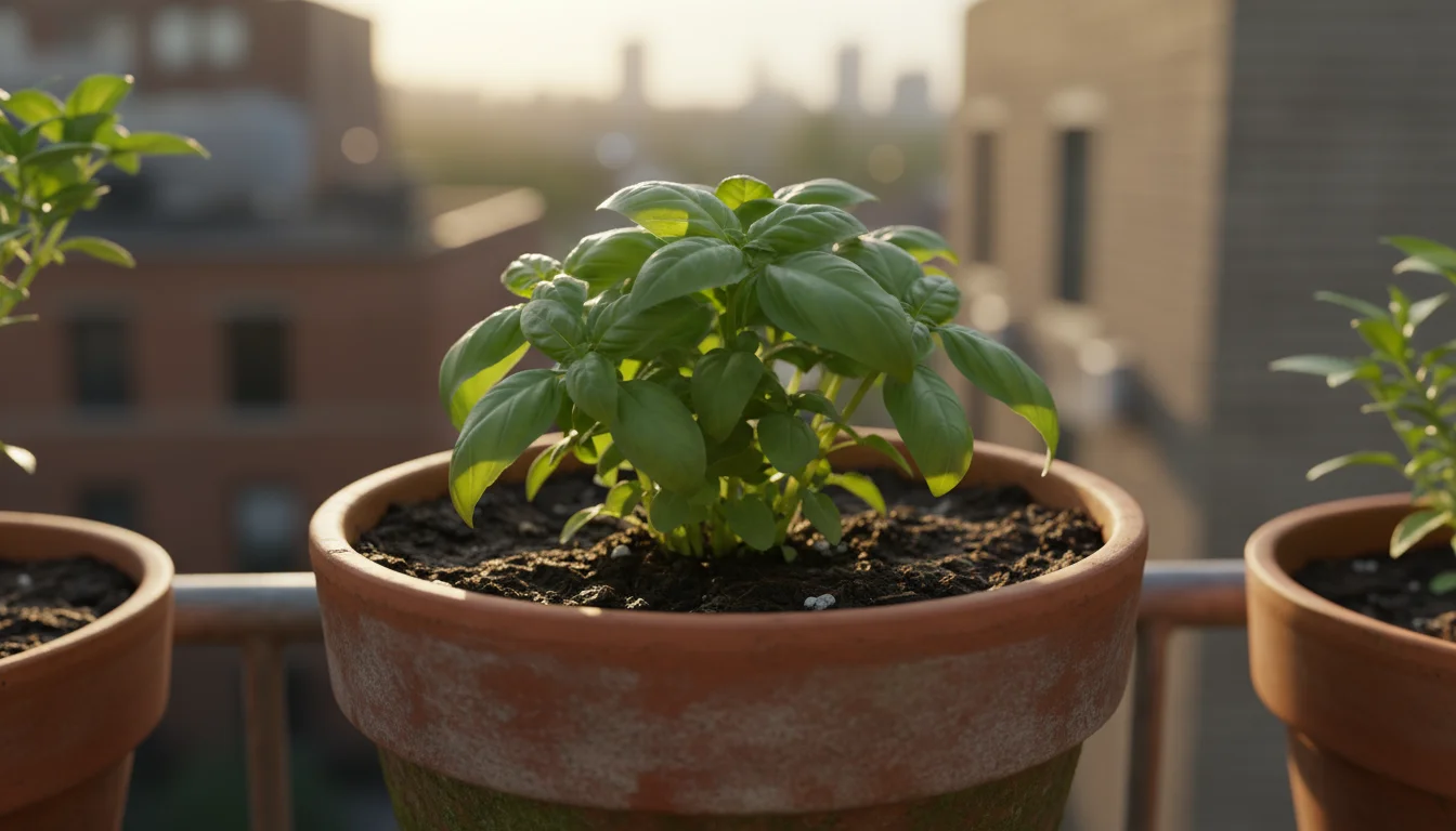 Elevated view looking down into a terracotta pot with a thriving basil plant and visible, rich potting mix on an urban balcony, sunlit.
