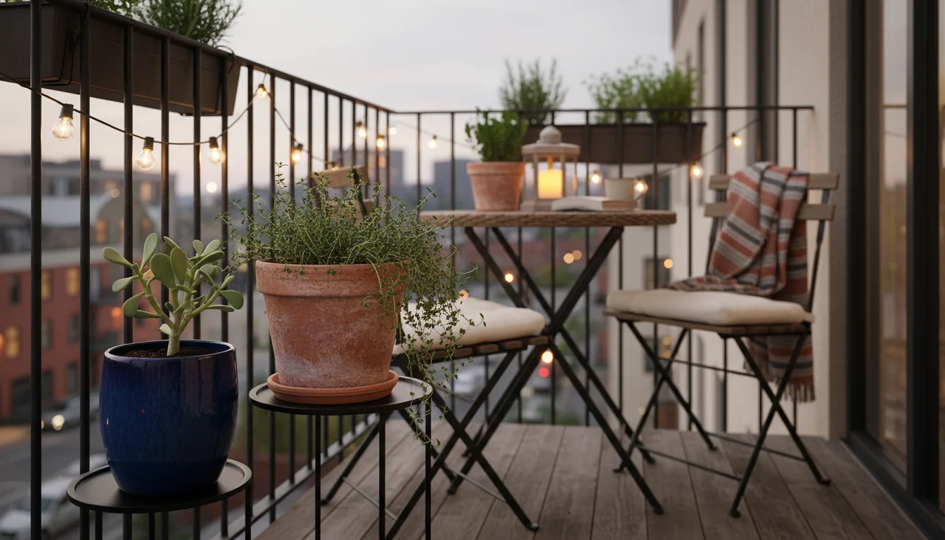 A terracotta pot with trailing thyme sits elevated on a black metal stand, next to a blue glazed pot on subtle feet, on a grey patio in morning light.