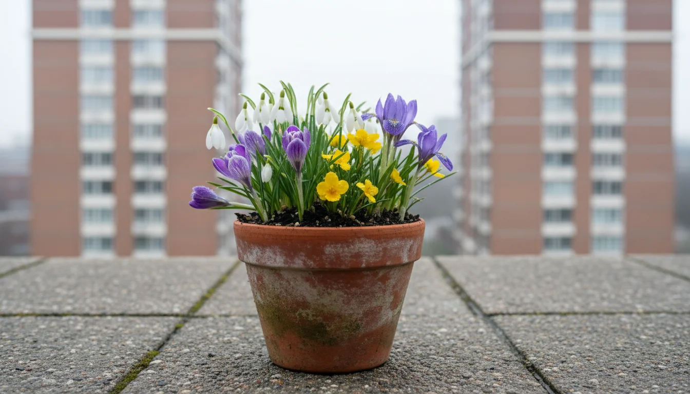 A terracotta pot on an urban balcony filled with blooming early spring bulbs: white snowdrops, purple crocus, yellow winter aconite, and dwarf irises.