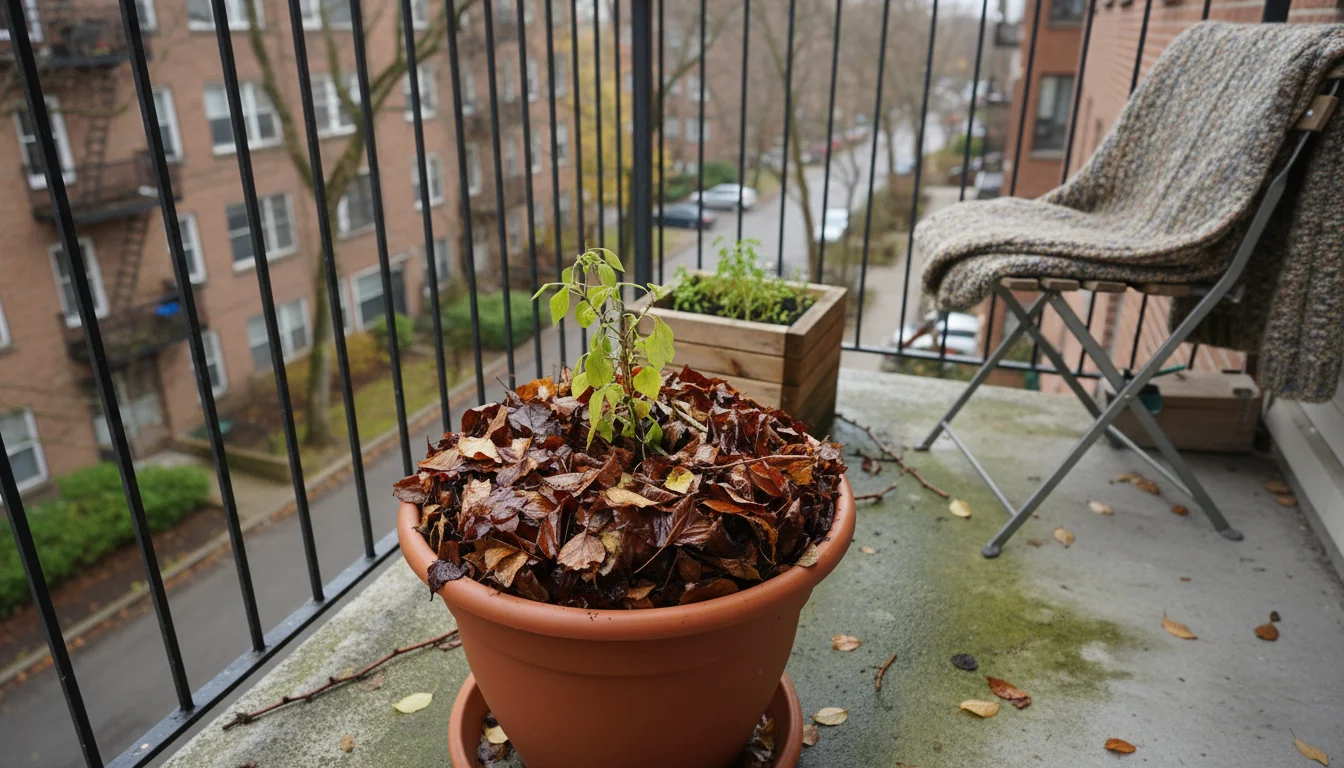 A terracotta pot on an urban balcony. It's filled with an excessively thick, wet, matted layer of whole fall leaves, likely suffocating a small plant.