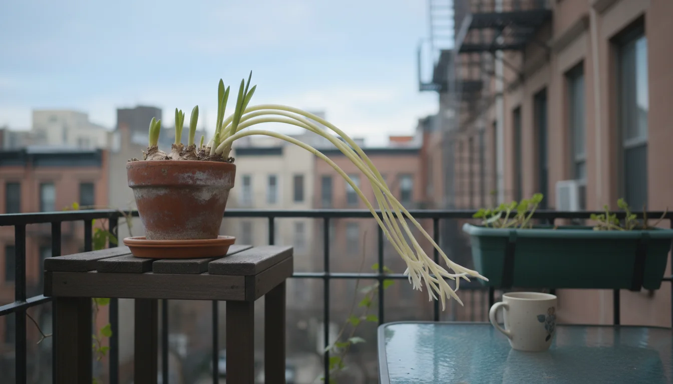 A terracotta pot on an urban balcony holds pale, spindly hyacinth shoots with weak stems leaning over, seeking more light.