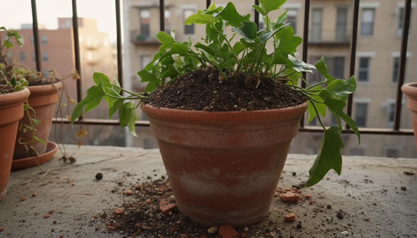 Terracotta pot on an urban balcony with loose soil slightly mounded above the rim, and a few soil particles on the concrete floor.