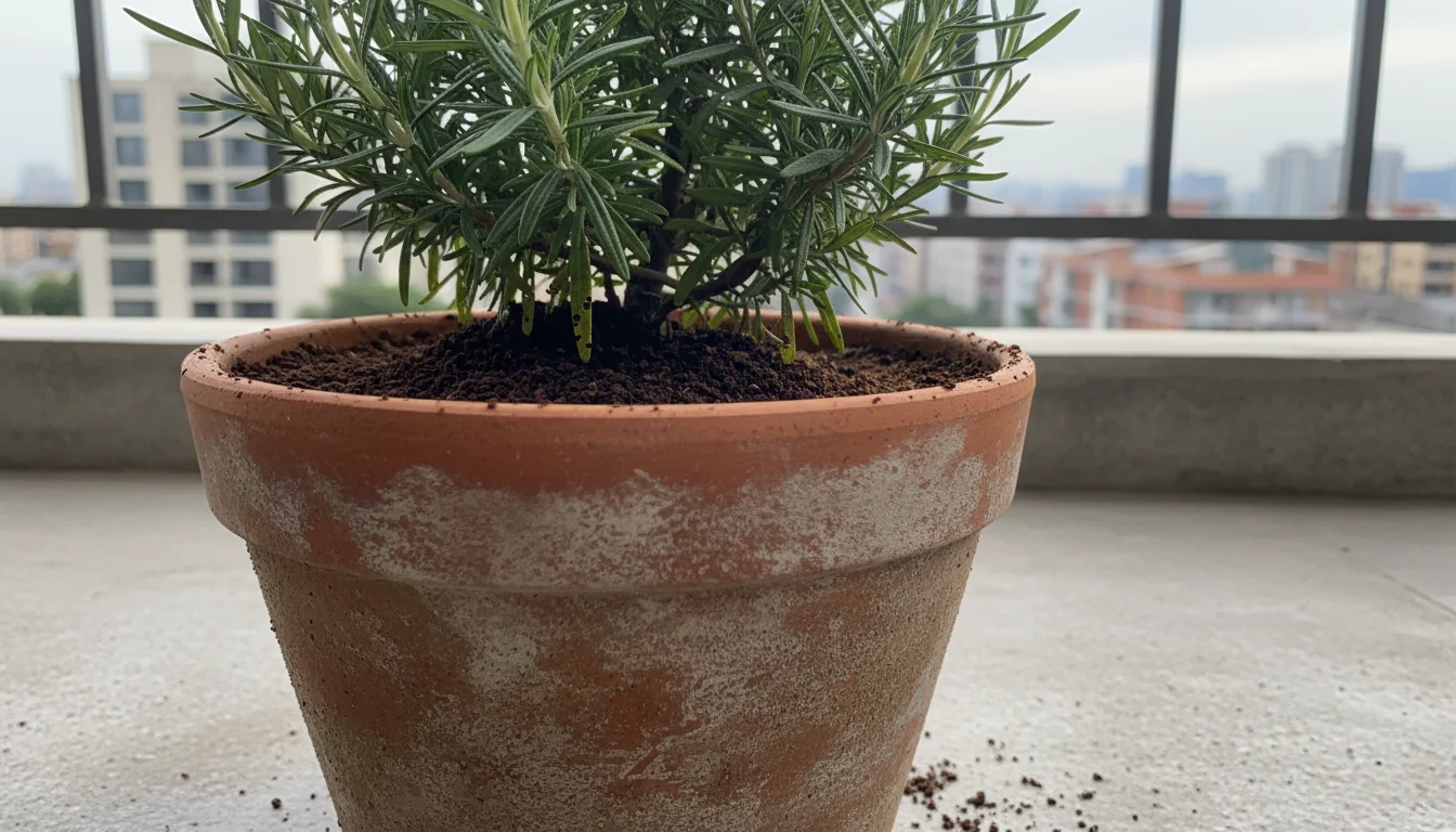 Terracotta pot on an urban balcony with a rosemary plant, messy coffee grounds scattered on the soil, and subtle leaf damage.
