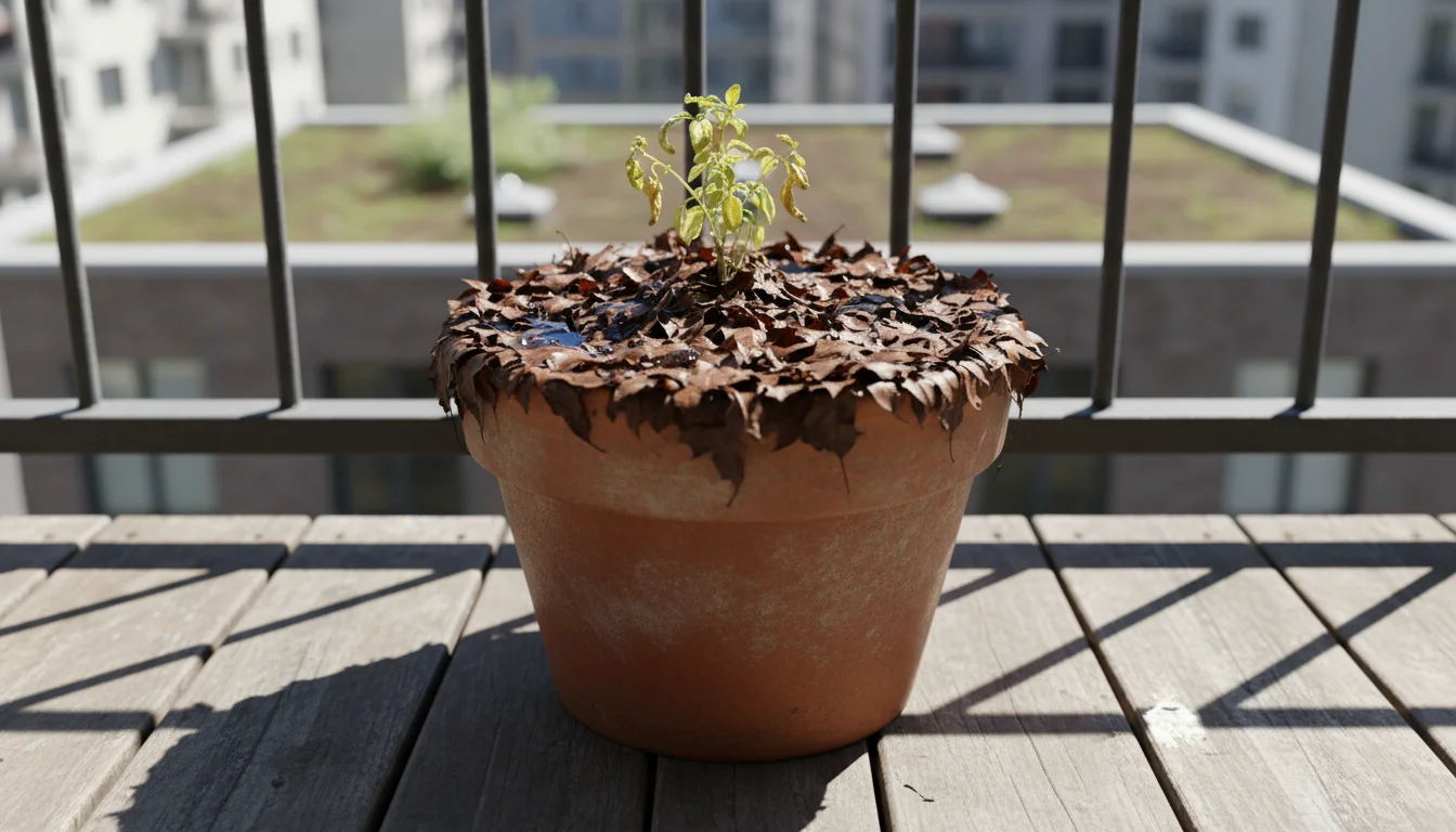 A terracotta pot on an urban balcony with a struggling herb plant surrounded by matted, compacted, un-shredded leaf mulch.