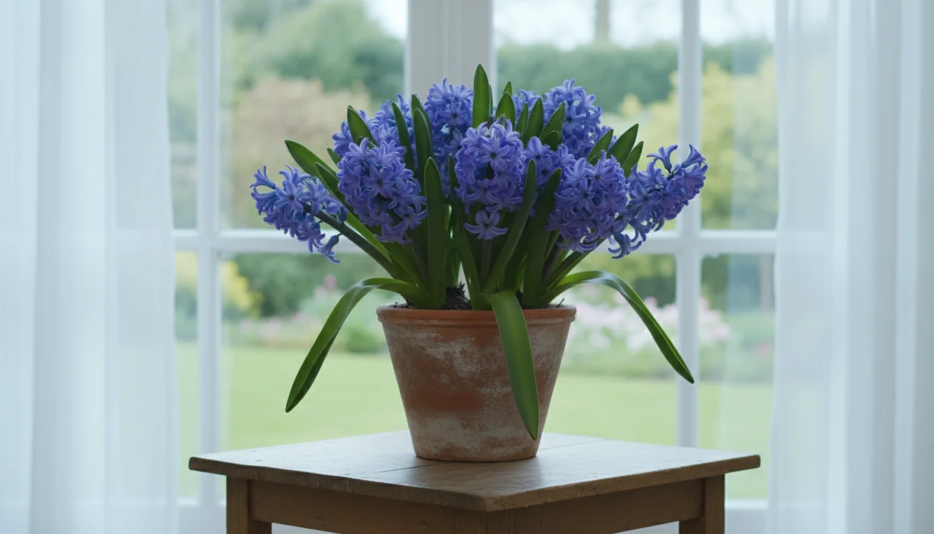 A terracotta pot of vibrant blue hyacinths with healthy blooms sits on a wooden side table, bathed in soft, indirect light.