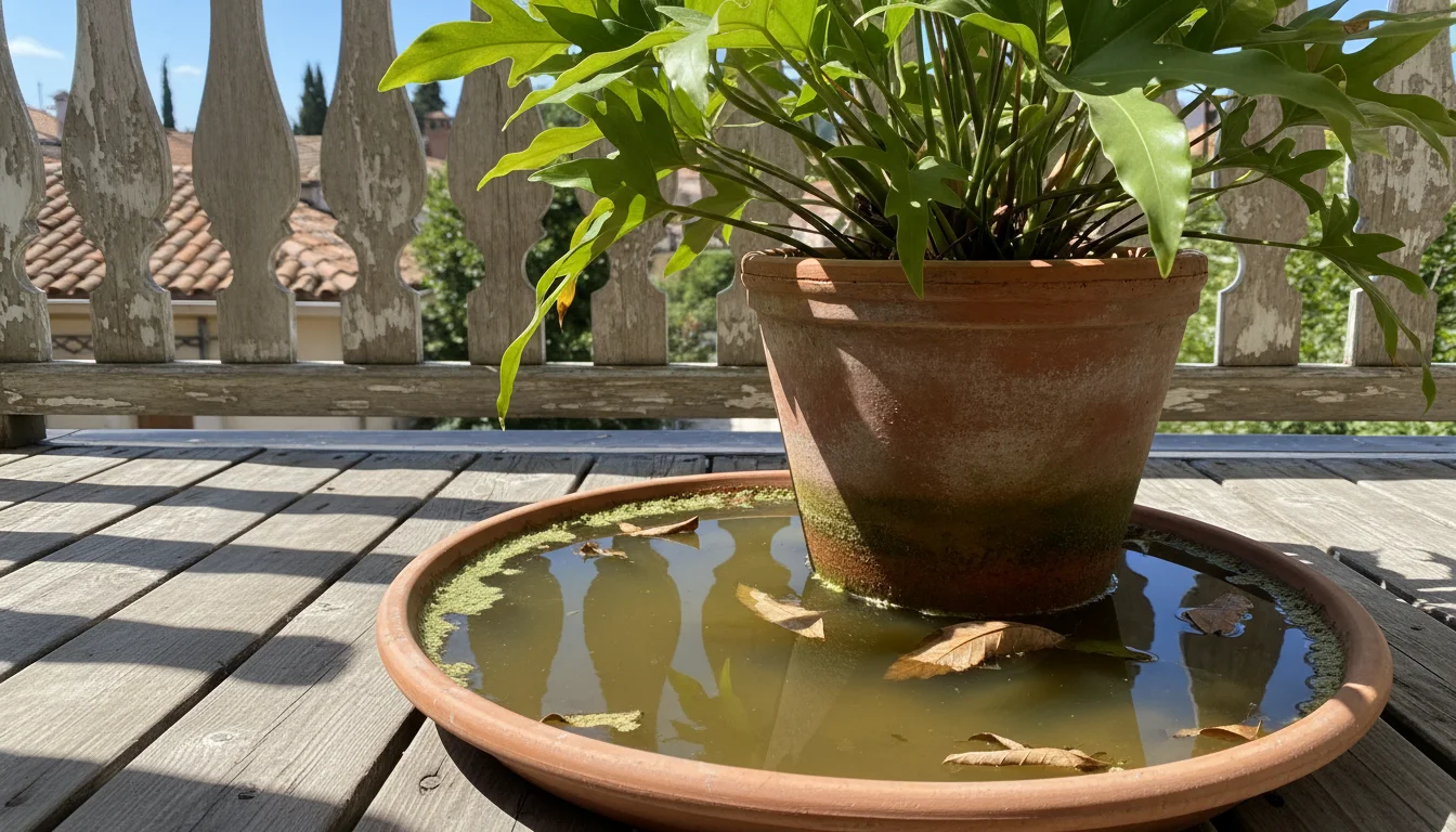 A terracotta pot with a vibrant green plant on a wooden balcony. The pot's saucer is full of stagnant, murky water, with dry leaves and a greenish fil