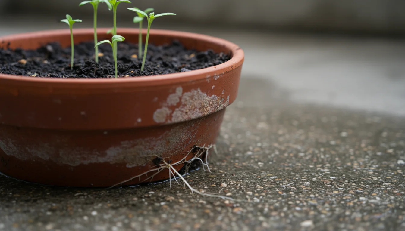 Close-up of a terracotta pot showing vibrant 2-inch green shoots emerging from the soil and white roots peeking from the drainage hole.