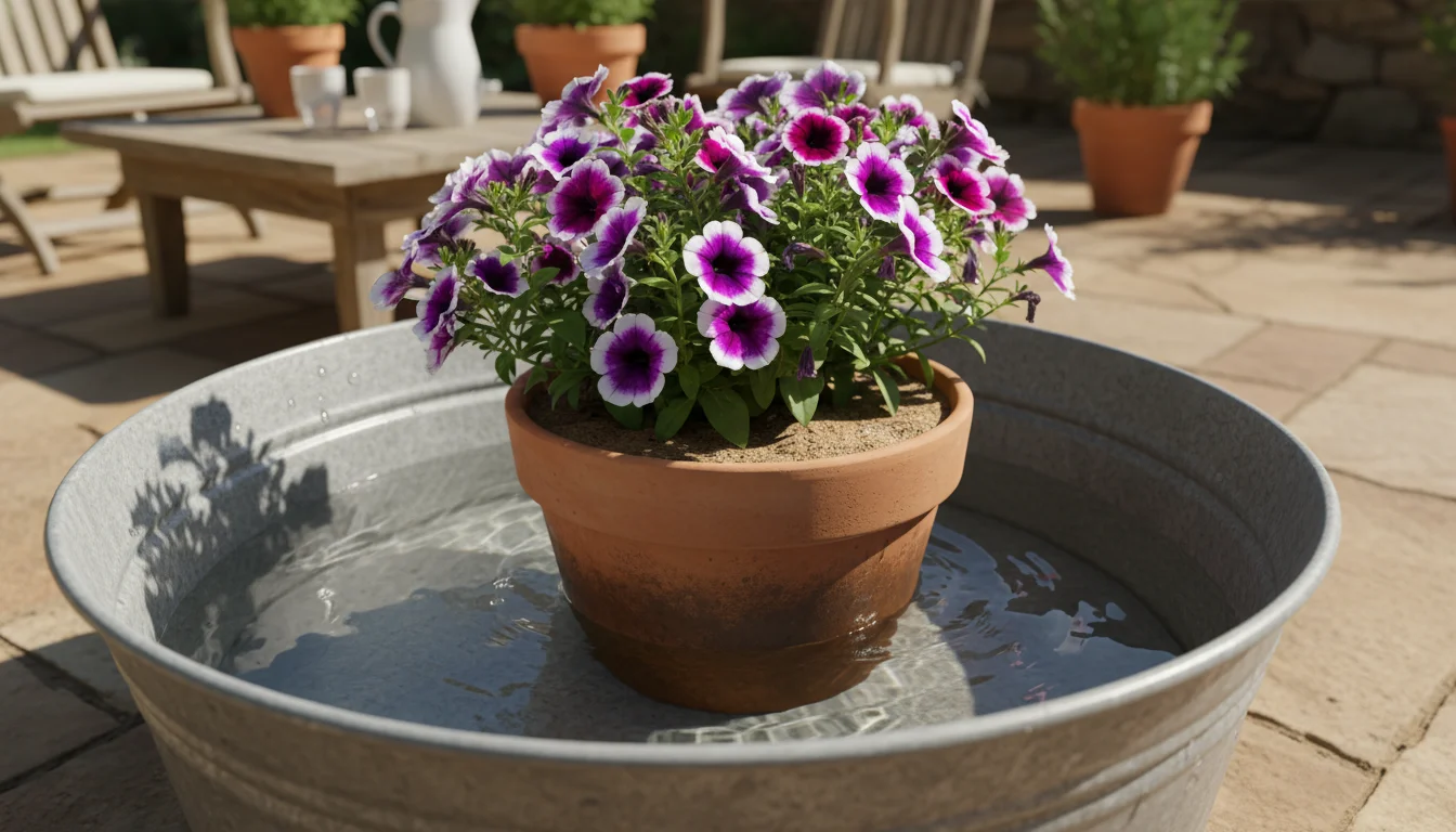 A terracotta pot with a vibrant petunia plant soaking in a galvanized tub of water on a sunny patio. Dry topsoil contrasts with moist soil below.