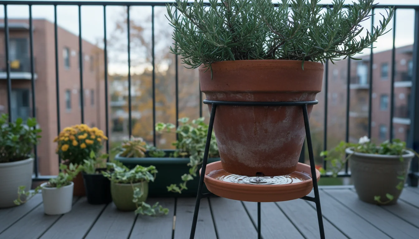 Terracotta pot with a vibrant rosemary plant on a metal stand, with water clearly draining from its base into a saucer on a balcony.