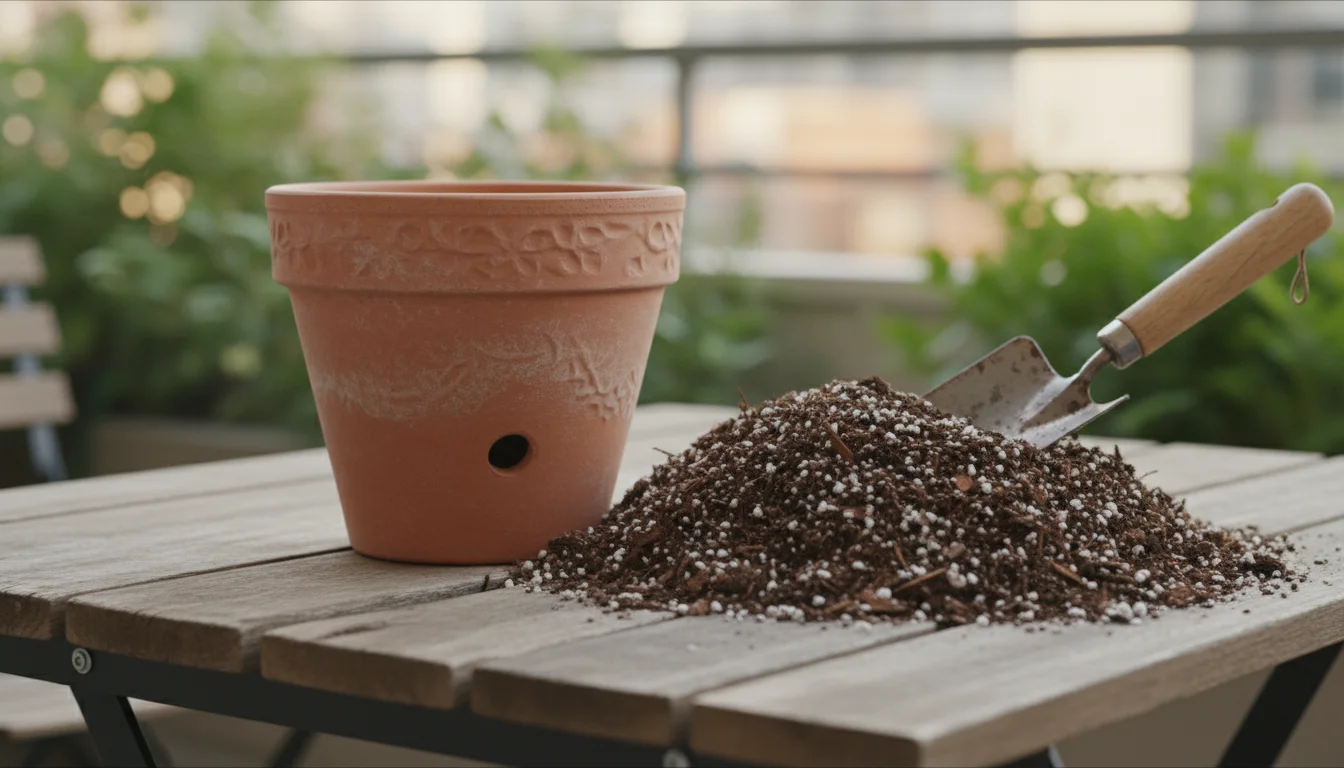 Terracotta pot with a visible drainage hole next to a pile of well-draining potting soil containing perlite and bark, on a wooden table.