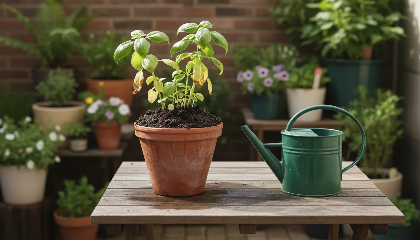Terracotta pot with waterlogged soil and a wilting basil plant on a patio table, green watering can nearby, suggesting summer overwatering.