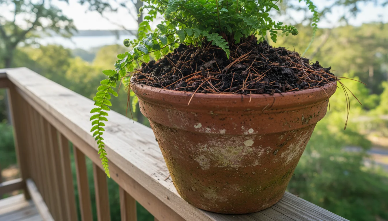 Terracotta pot on a weathered balcony railing, topped with dark compost and reddish-brown pine needle mulch.