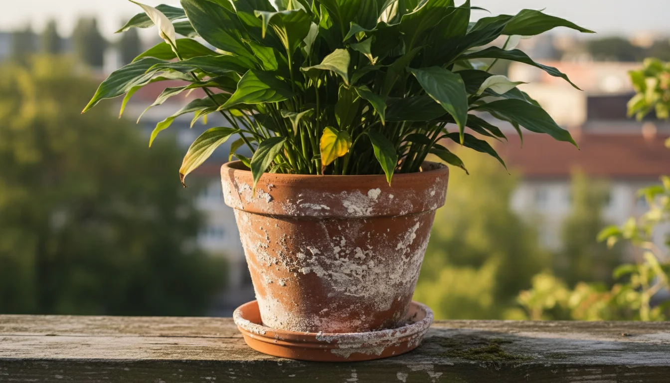 Terracotta pot with white mineral deposits on a balcony railing, peace lily inside has yellowing lower leaves.