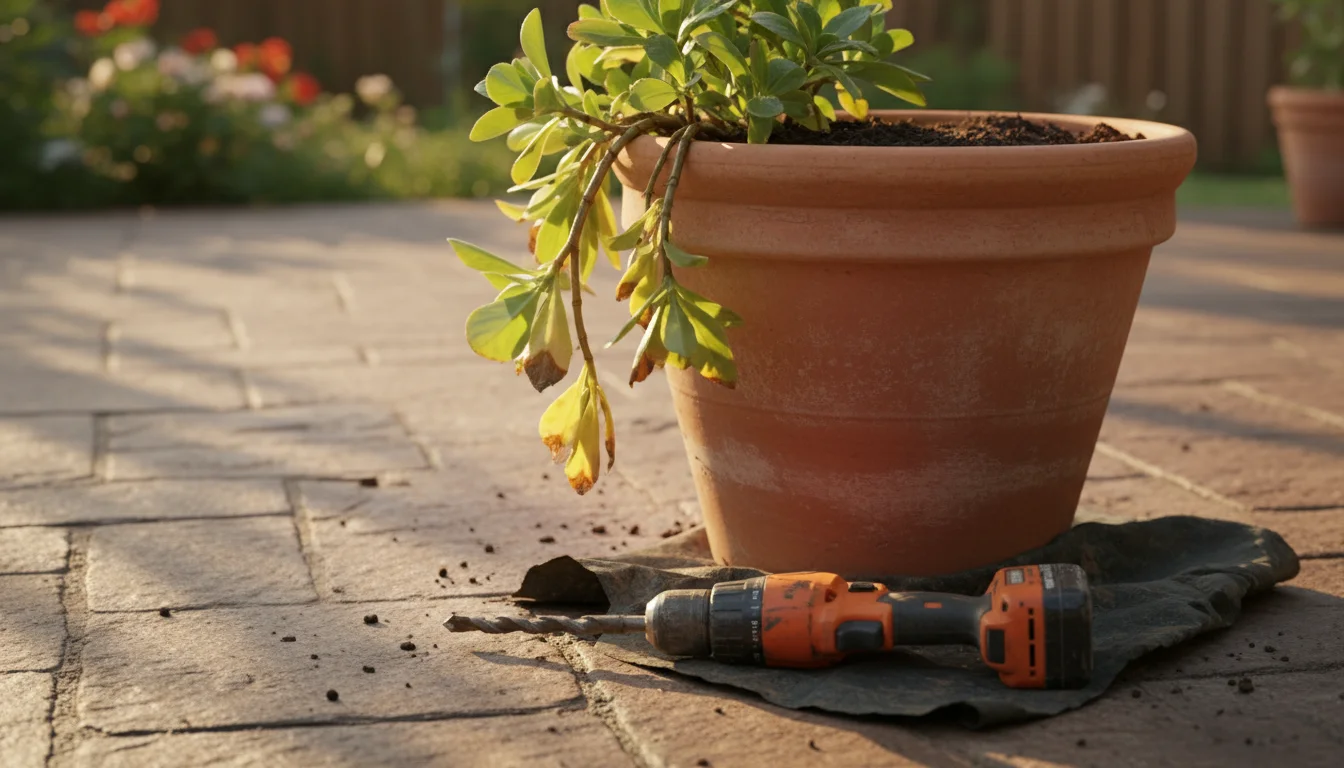 A terracotta pot with a wilting, yellow-leafed plant sits on a patio. A cordless drill and fabric lie beside it, suggesting drainage repair.