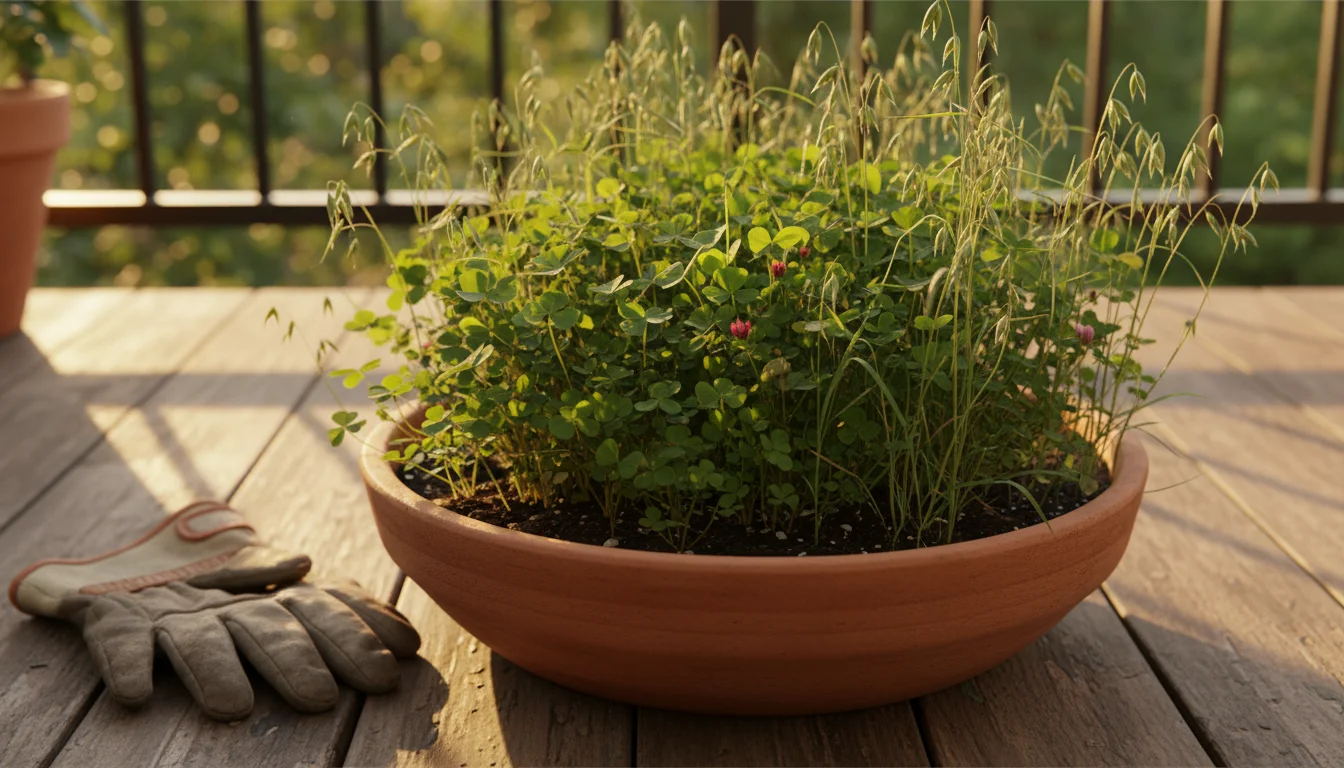 A terracotta pot on a wooden balcony floor filled with a lush green cover crop. A gardening glove is nearby.