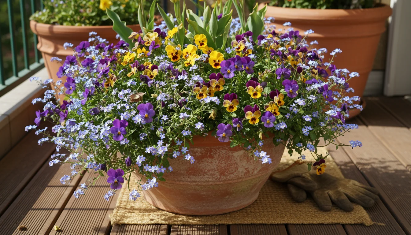 A terracotta pot on a wooden deck, filled with vibrant purple and yellow pansies, blue forget-me-nots, and fading green bulb leaves.