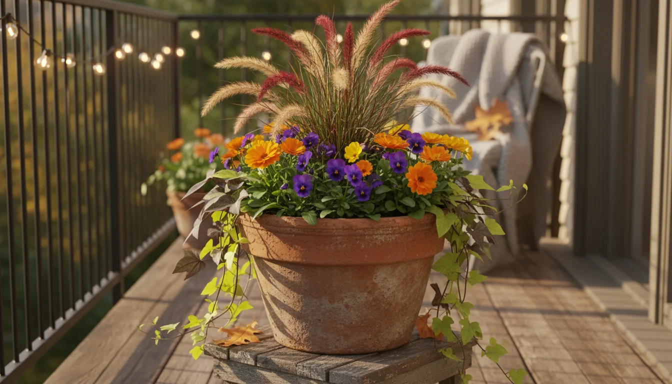 A terracotta pot on a wooden stand filled with a fall container garden: red-tipped ornamental grass, purple pansies, rust mums, trailing ivy, and smal