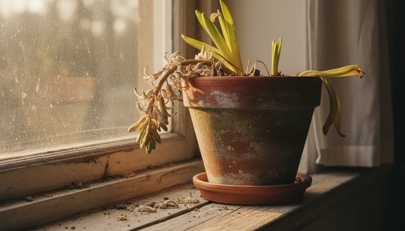 A terracotta pot on a wooden windowsill displays dried, spent hyacinth flowers with yellowing leaves.