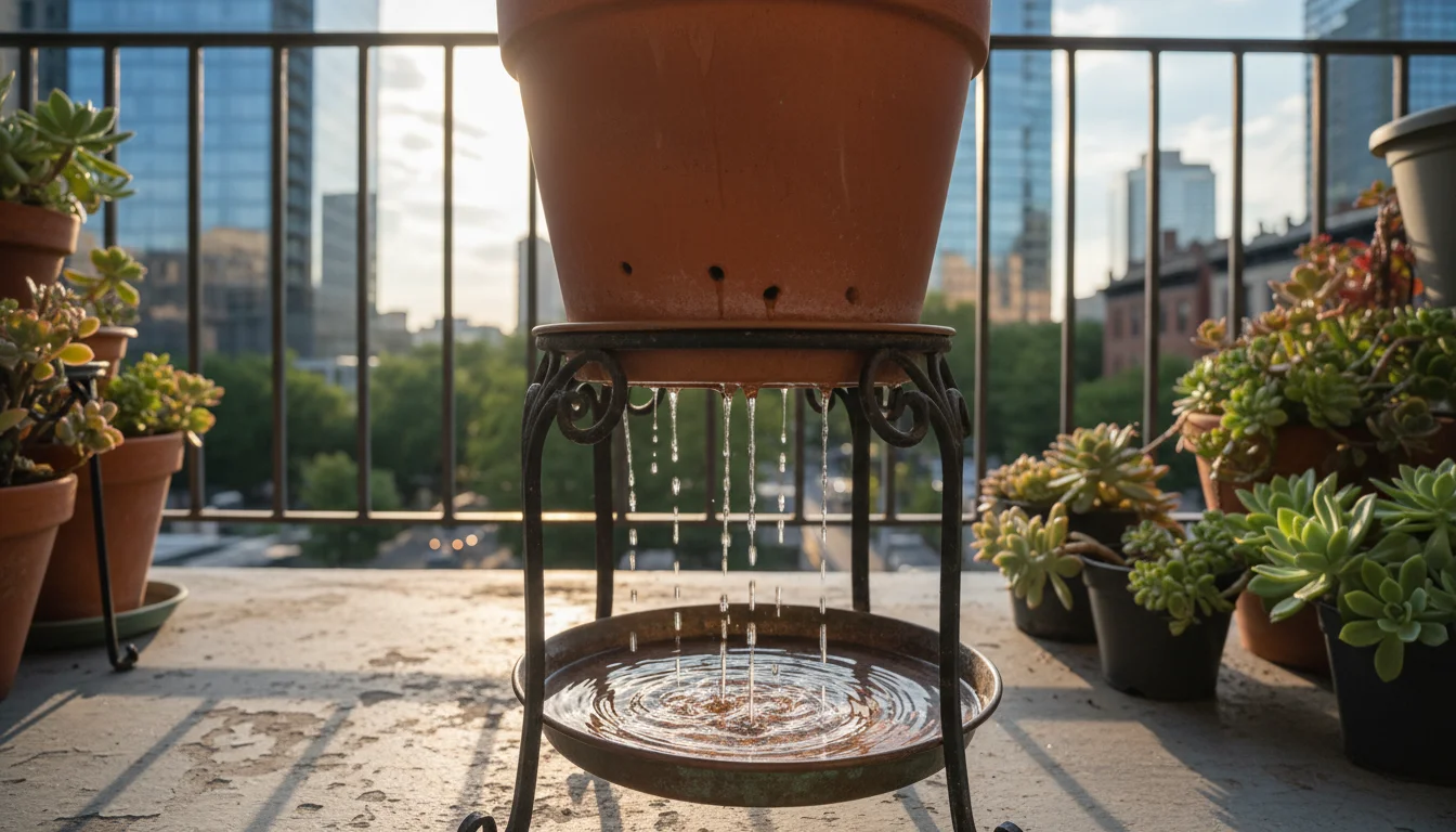 Terracotta pot on a wrought-iron stand with water actively dripping from drainage holes into a nearly empty saucer on a sunny balcony.