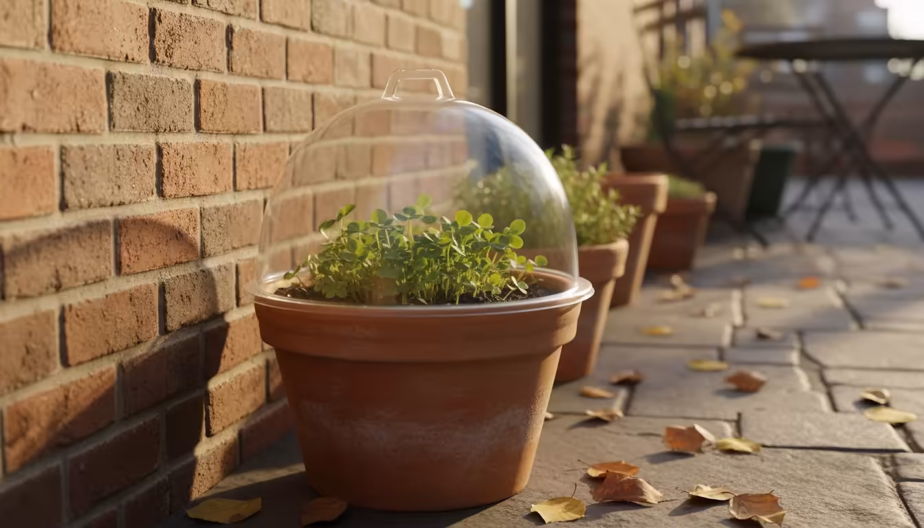 A terracotta pot with young green cover crops is nestled against a brick wall, covered by a simple clear cloche on an autumn patio.