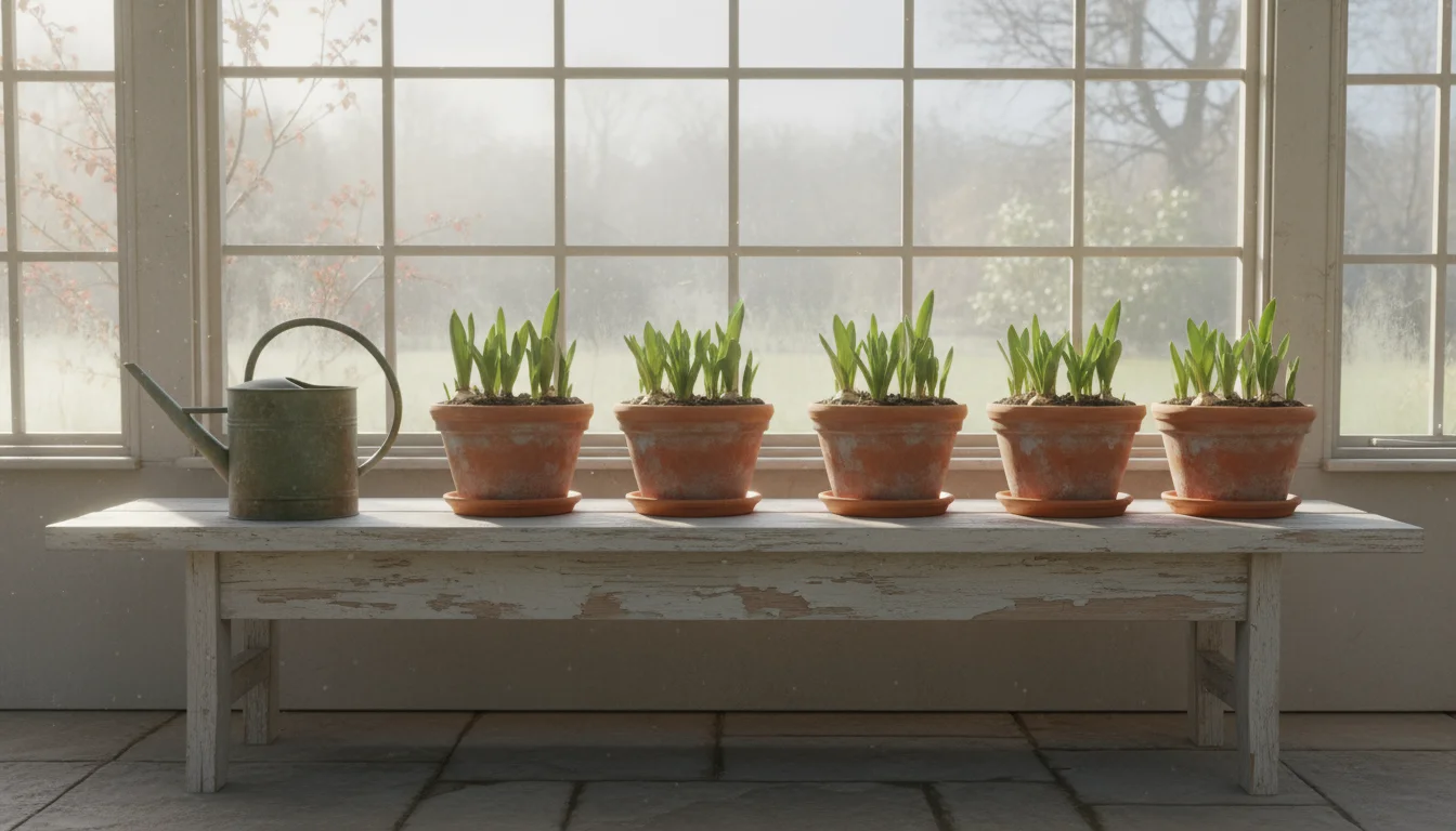Terracotta pots with green bulb shoots on a wooden bench in a sunlit, cool enclosed porch.