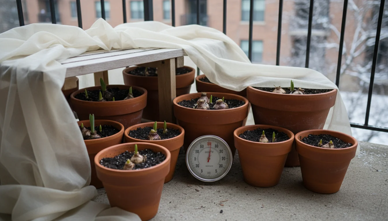 Terracotta pots with newly planted spring bulbs tucked away on a cool, partially shaded urban balcony, with an outdoor thermometer showing 38°F.