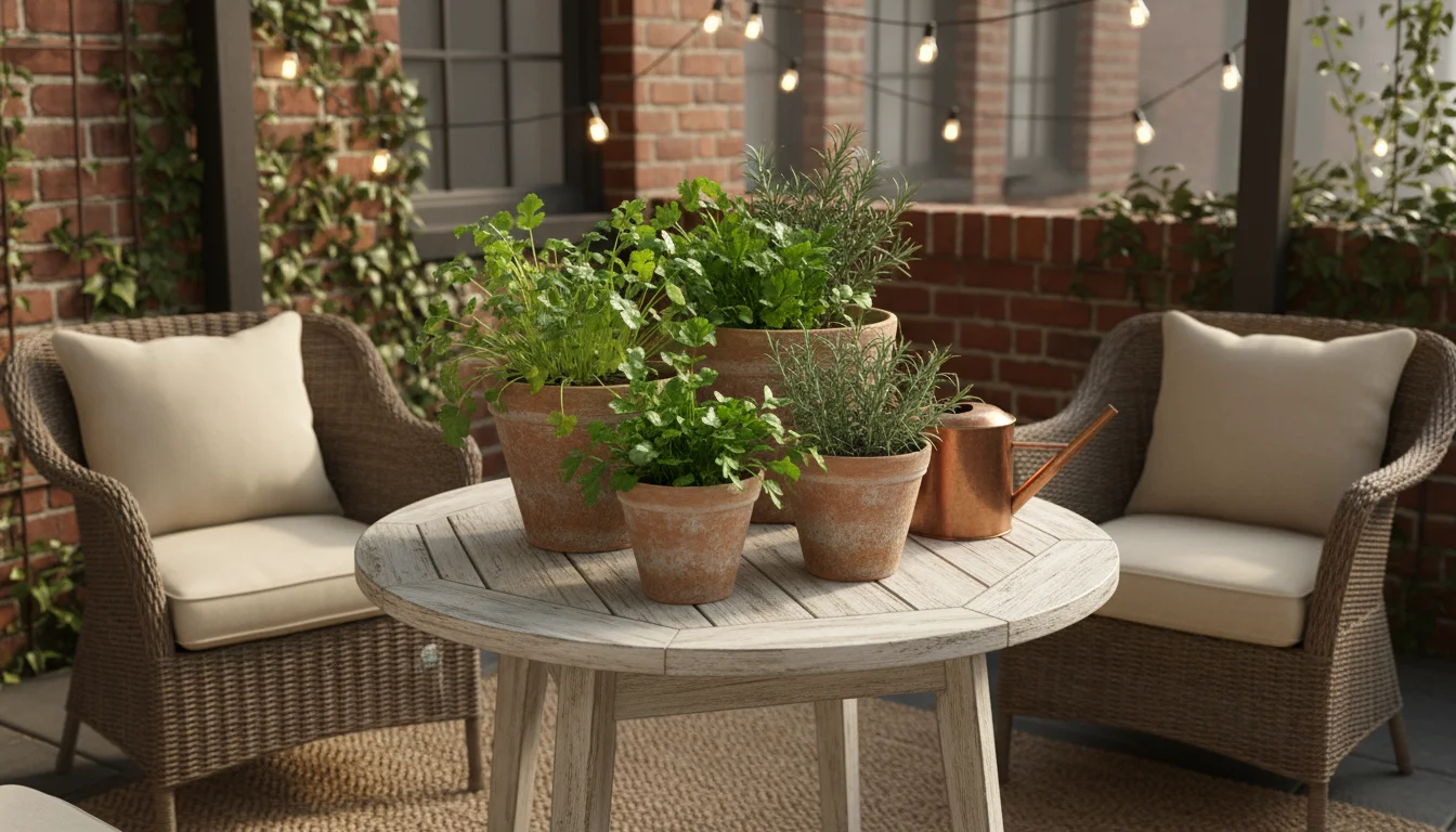 Terracotta pots on a rustic wooden patio table hold fresh, thriving cilantro and parsley under soft morning light.