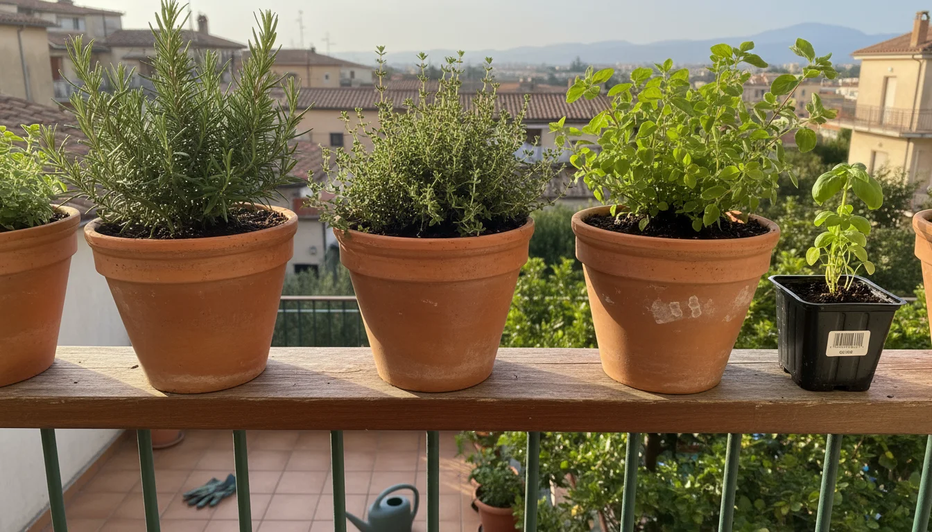 Terracotta pots with thriving rosemary, thyme, and oregano on a sunny balcony railing, next to a small grocery store herb.