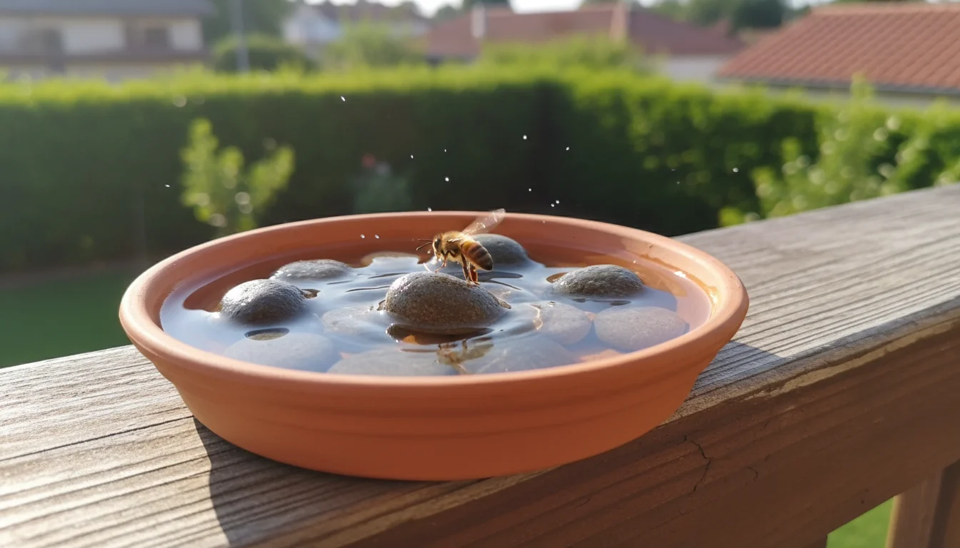 Eye-level shot of a terracotta saucer with water and pebbles on a weathered balcony railing, a honeybee approaching to drink.