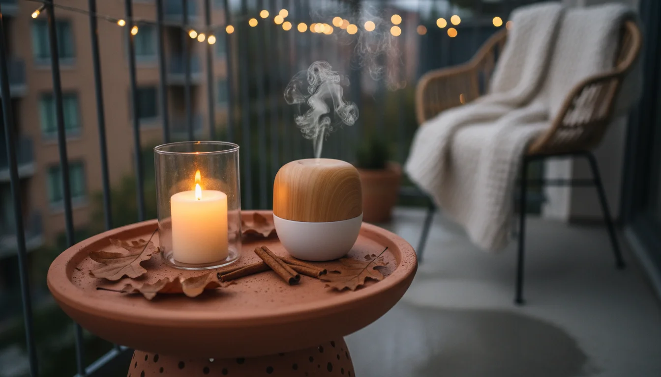 Terracotta side table on a balcony with a lit outdoor candle, essential oil diffuser, autumn leaves, and cinnamon sticks at dusk.