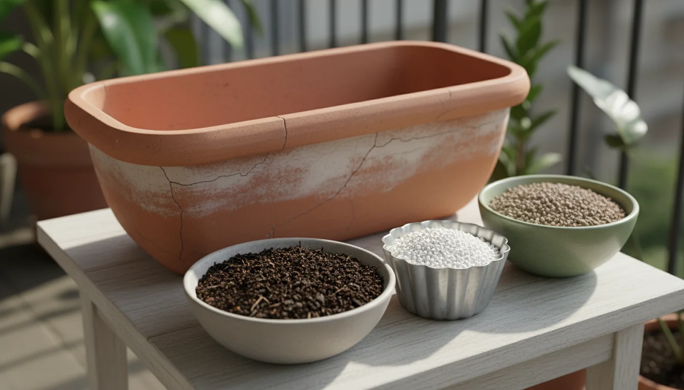 Terracotta trough next to bowls holding potting soil, white perlite, and gray grit on a wooden balcony table.