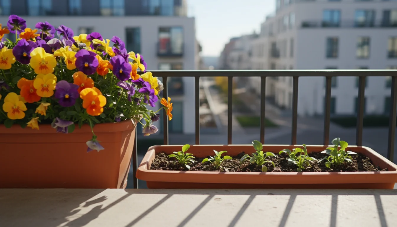 A terracotta window box on a sunny urban balcony railing, showing established pansies in bloom next to newly planted seedlings.