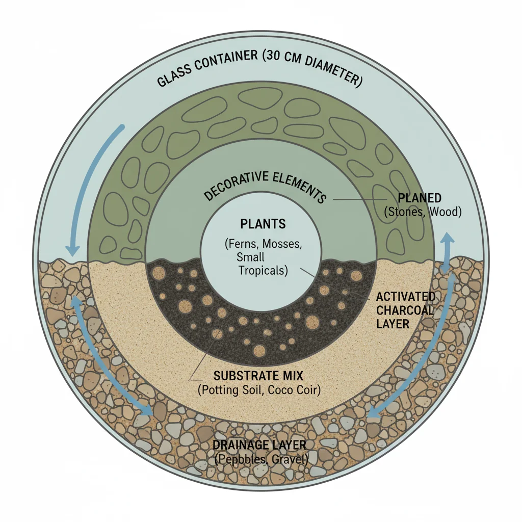 Terrarium diagram: 30cm pot, soil layers (drainage, substrate), plants, water flow arrows.