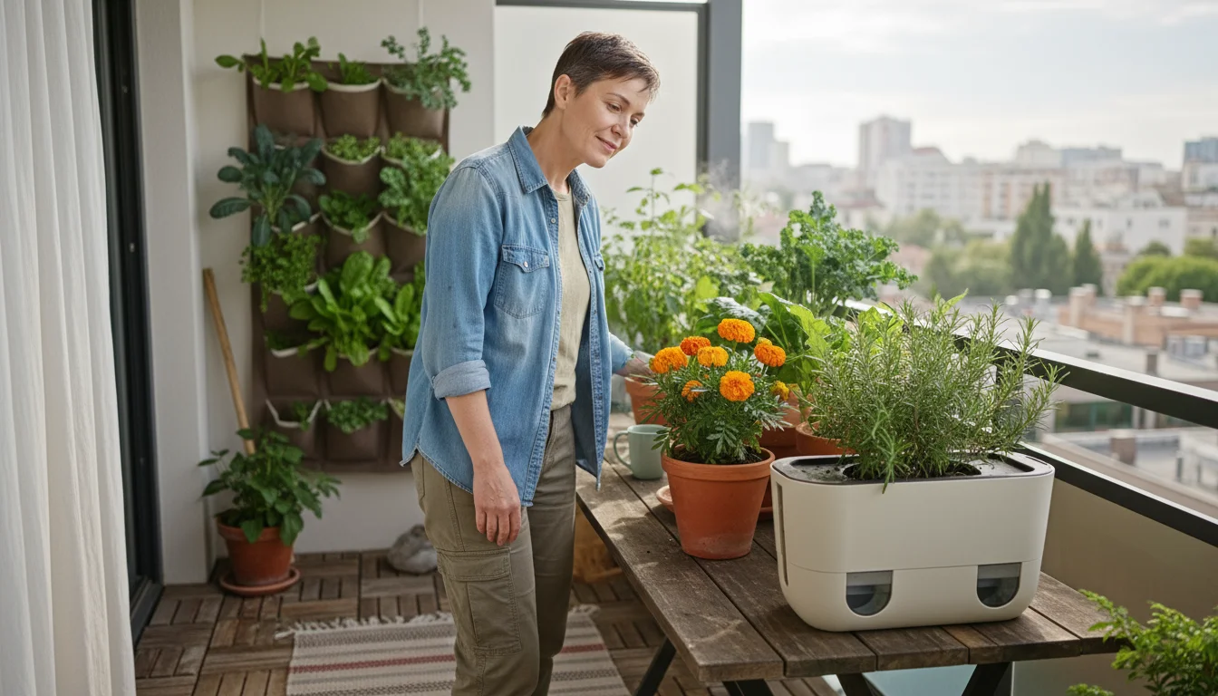 A thoughtful gardener examines thriving container plants on a balcony table, including a self-watering herb, terracotta annual, and vertical greens.