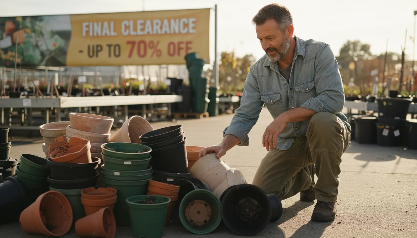 A thoughtful gardener kneels, examining a stack of end-of-season terracotta and nursery pots at a clearance sale.