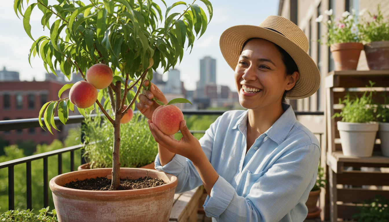 A gardener on a sunny urban balcony examines a dwarf apple tree's plant tag, selecting varieties from small saplings in nursery pots.