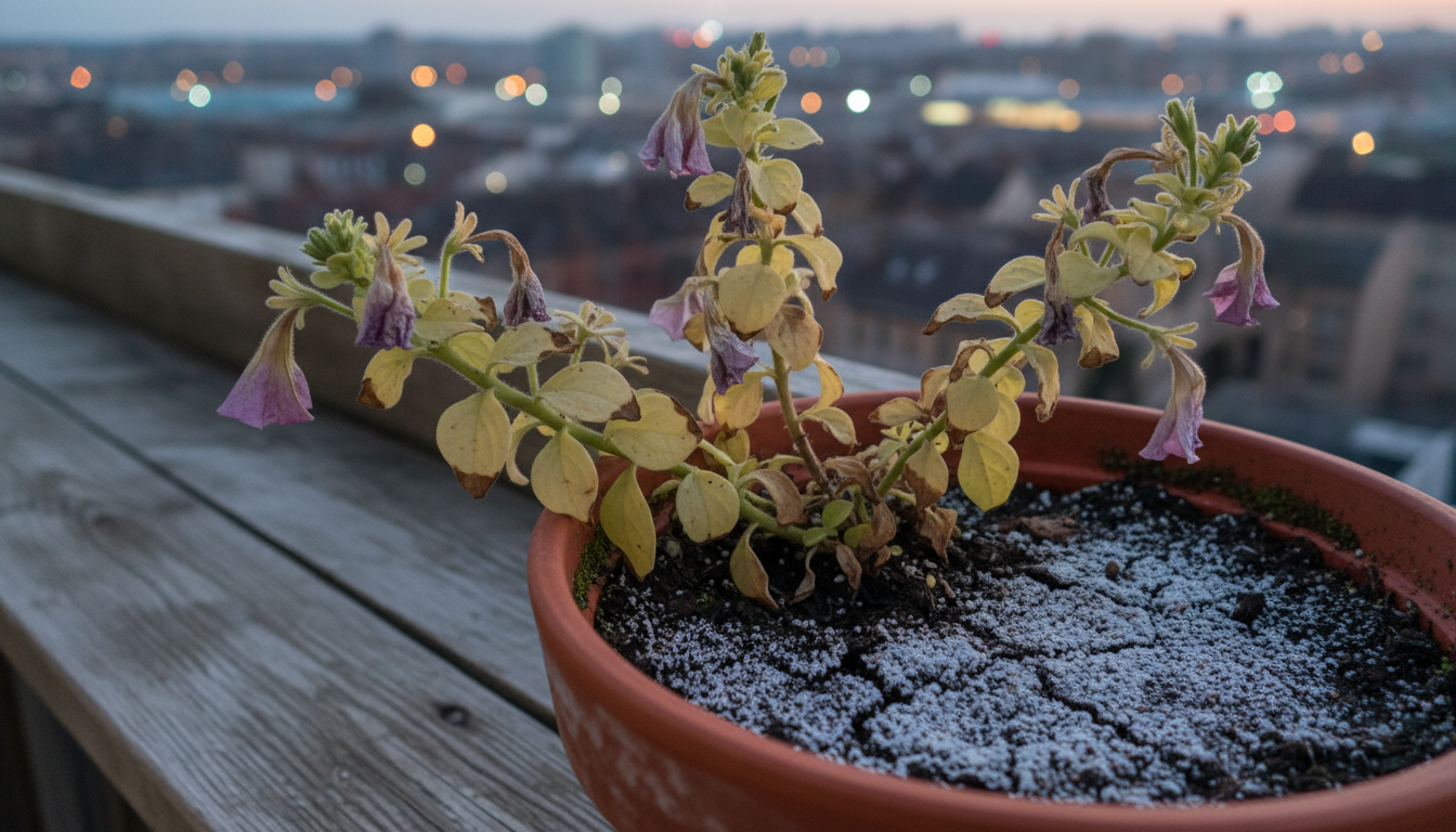 A gardener on a small patio holds a fertilizer bag, thoughtfully observing a lush fern and blooming fuchsias in pots.