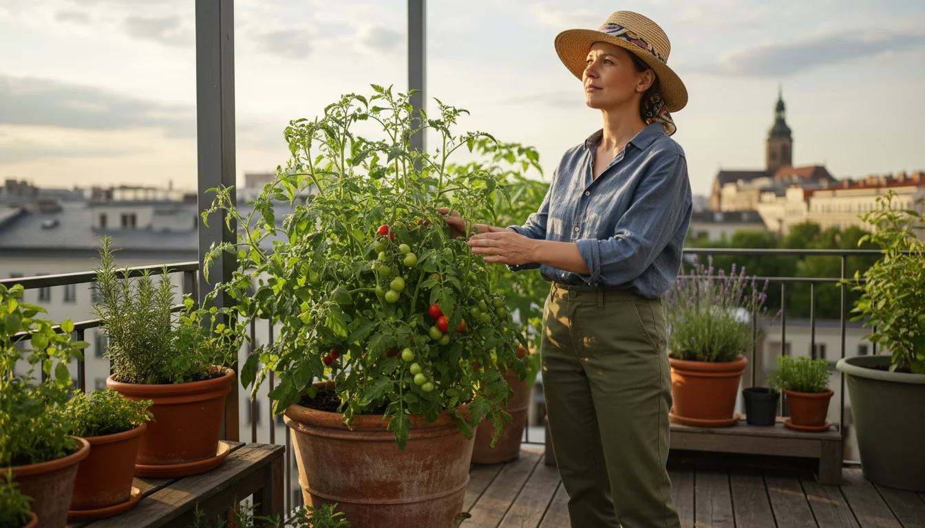 Thoughtful gardener on a sunny urban balcony, contemplating healthy container plants amidst various pots and a vertical garden.