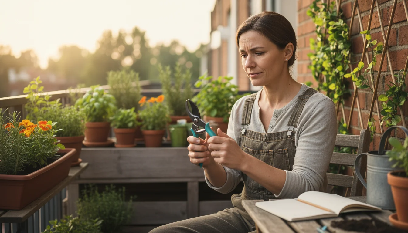 A thoughtful gardener on an urban balcony examines a clean pair of small hand pruners, surrounded by container plants.