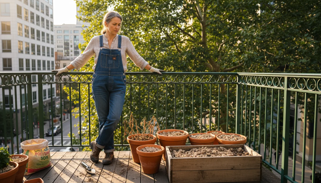 A thoughtful gardener on an urban balcony looks at pots with old soil, contemplating spring planting and soil refresh questions.