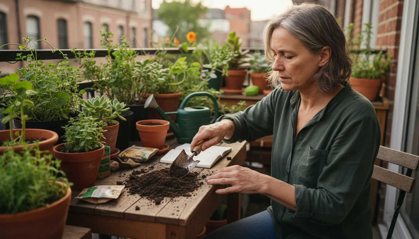 A thoughtful gardener on an urban balcony sifts old potting soil on a compact wooden bench, surrounded by empty terracotta pots and lush container pla