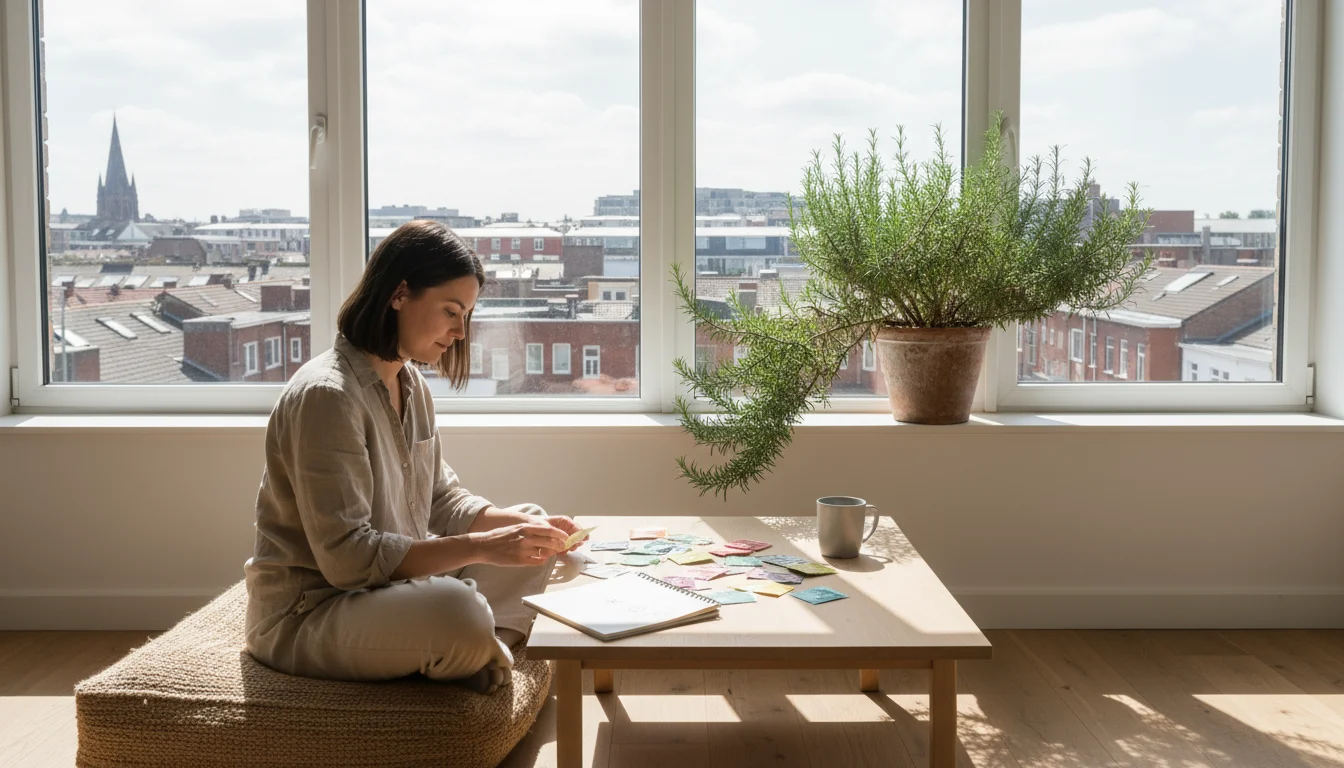 A thoughtful person sits on a cushion, reviewing seed packets and a notebook on a coffee table, with a potted rosemary plant and city view.