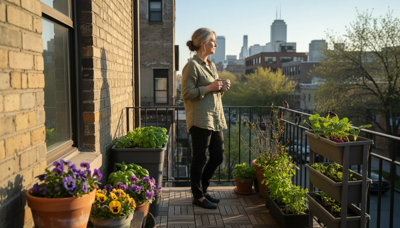 Thoughtful woman on a sunny balcony, surveying diverse container gardens with pansies, herbs, and vertical sprouts, pondering spring plans.