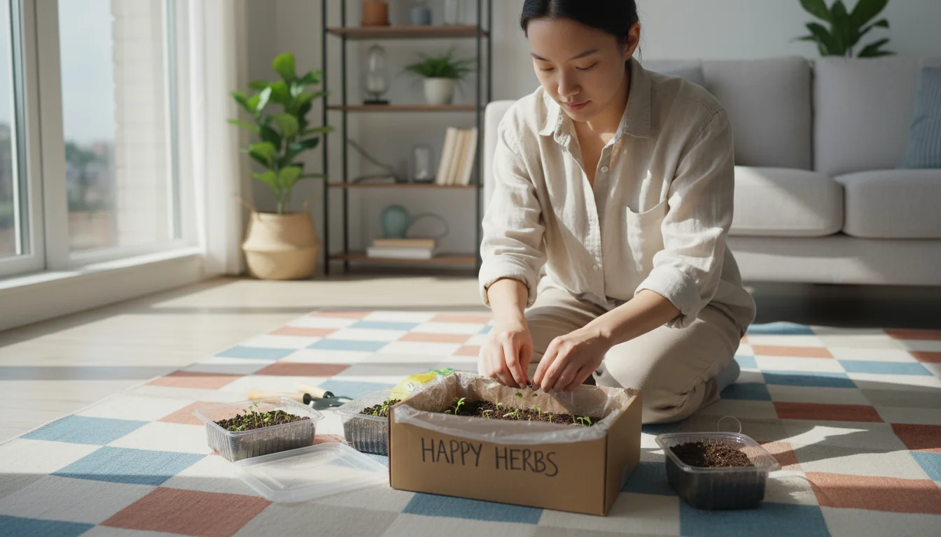 A thoughtful young adult kneels by vibrant 'shoebox method' seedlings in repurposed containers, a smartphone open to a gardening forum lying nearby, i