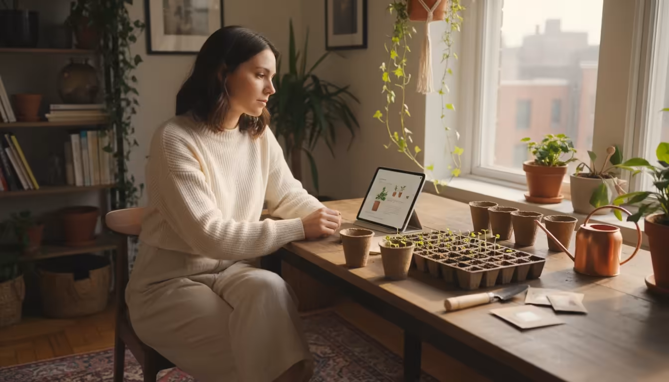 A thoughtful young woman sits at an apartment table, gazing between her gardening journal and a compact, thriving seed-starting setup with vibrant see