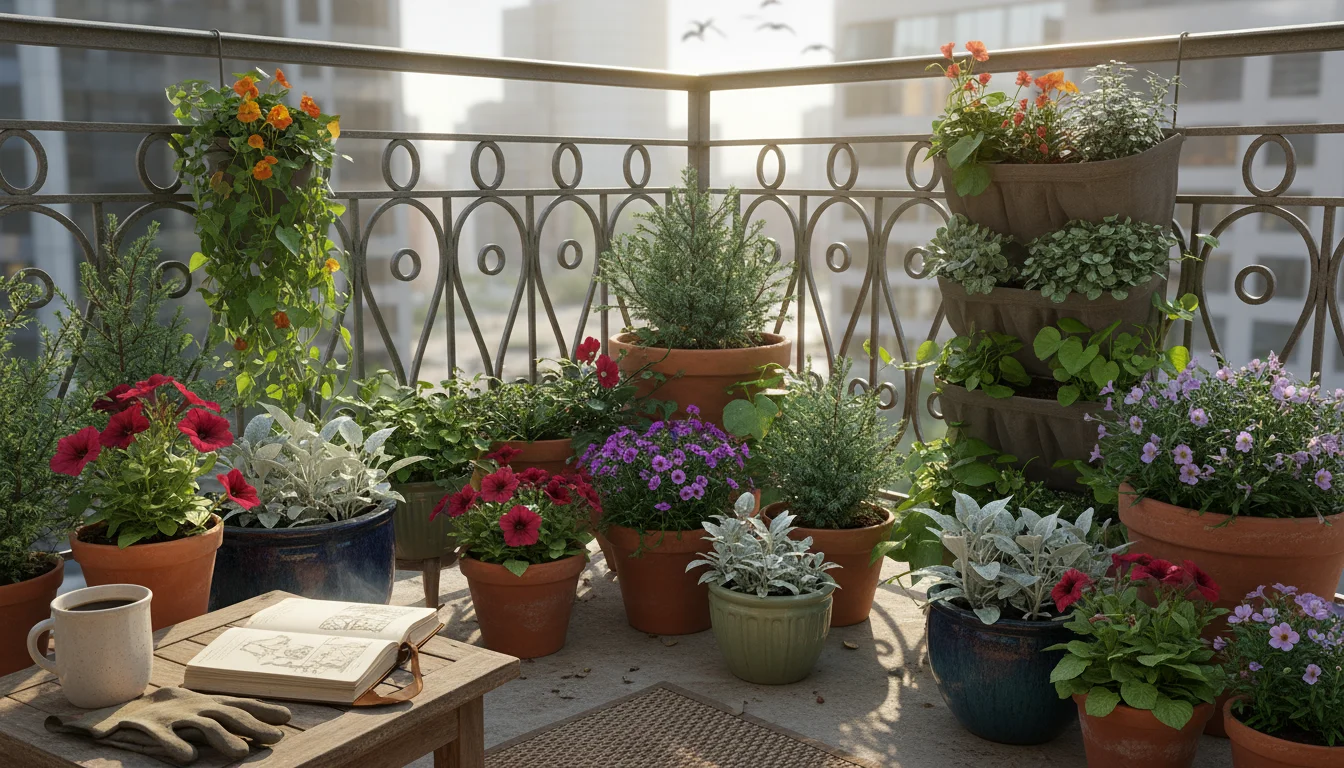 A thoughtfully arranged container garden on a sunny urban balcony, with diverse pots, summer flowers, foliage, evergreens, and a journal.