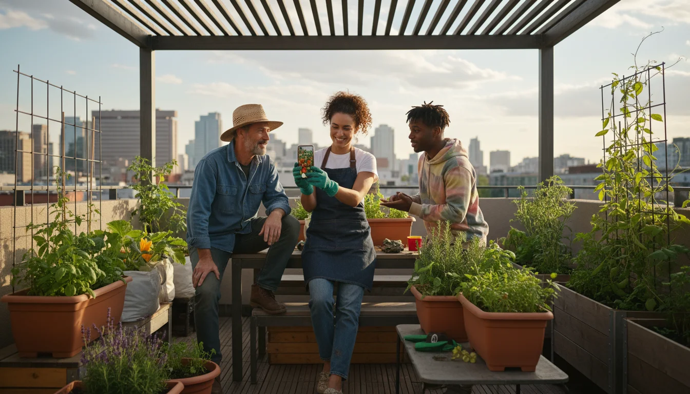 Three apartment gardeners on a sun-dappled rooftop patio look at a smartphone showing a thriving container plant, smiling and engaged in discussion.
